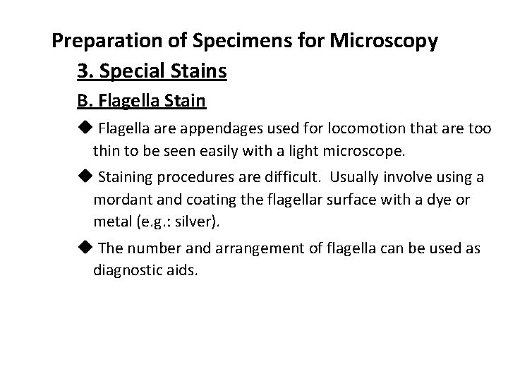 Preparation of Specimens for Microscopy 3. Special Stains B. Flagella Stain u Flagella are