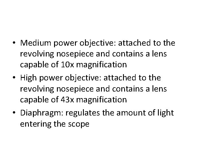  • Medium power objective: attached to the revolving nosepiece and contains a lens