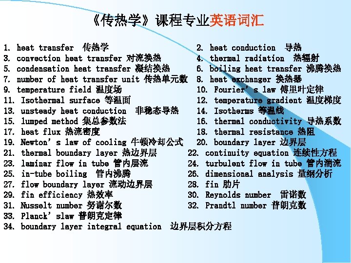 《传热学》课程专业英语词汇 1. heat transfer 传热学 2. heat conduction 导热 3. convection heat transfer 对流换热