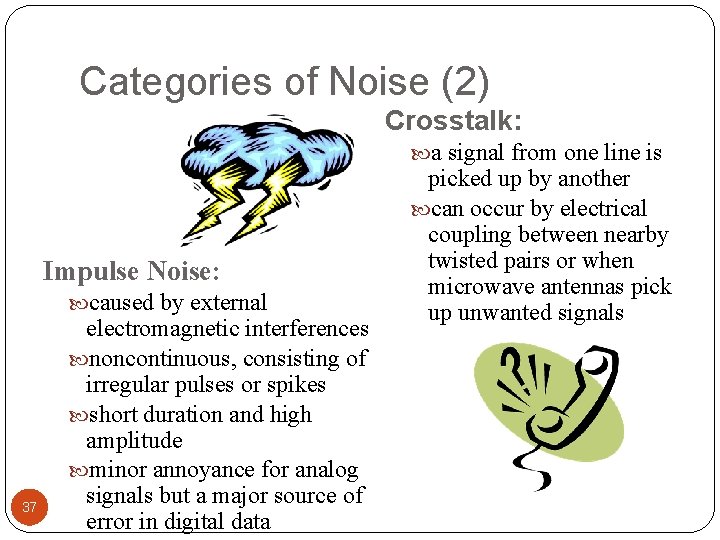 Categories of Noise (2) Crosstalk: a signal from one line is Impulse Noise: caused