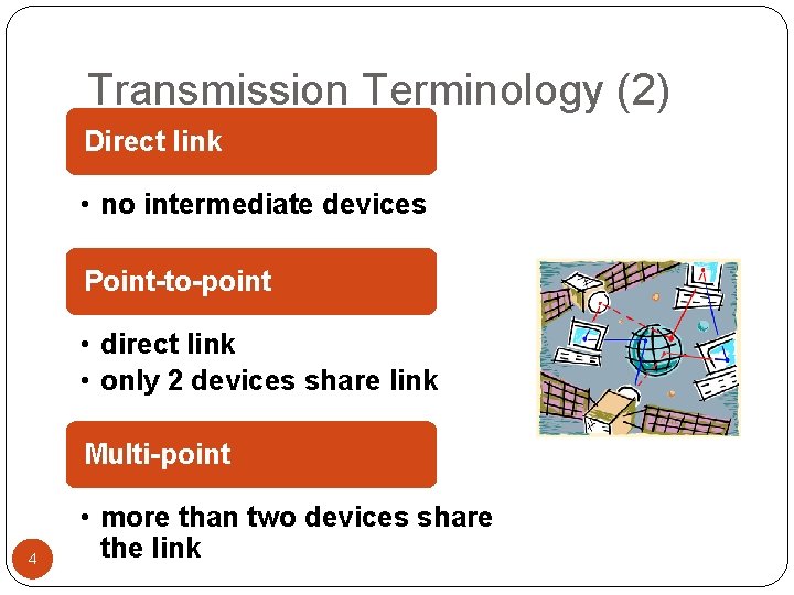 Transmission Terminology (2) Direct link • no intermediate devices Point-to-point • direct link •