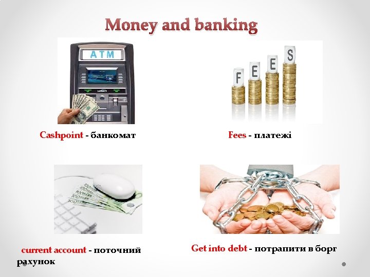 Money and banking Cashpoint - банкомат current account - поточний рахунок Fees - платежі