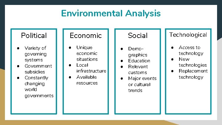 Environmental Analysis Political ● ● ● Variety of governing systems Government subsidies Constantly changing