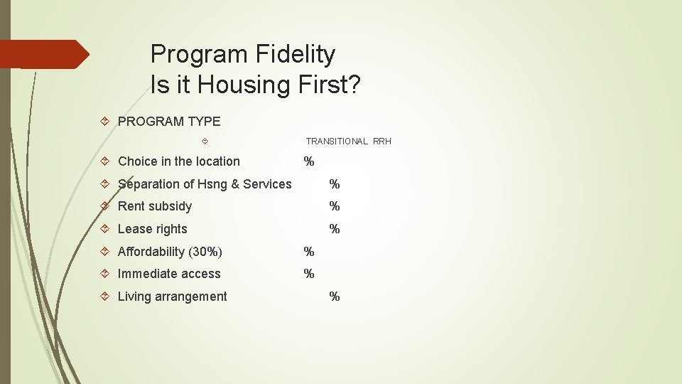 Program Fidelity Is it Housing First? PROGRAM TYPE Choice in the location TRANSITIONAL RRH Program Fidelity Is it Housing First? PROGRAM TYPE Choice in the location TRANSITIONAL RRH