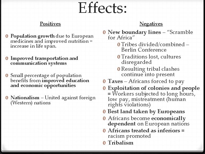 Effects: Positives 0 Population growth due to European medicines and improved nutrition = increase