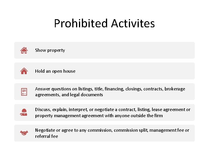 Prohibited Activites Show property Hold an open house Answer questions on listings, title, financing,