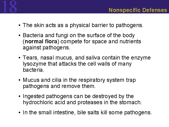 18 Nonspecific Defenses • The skin acts as a physical barrier to pathogens. •