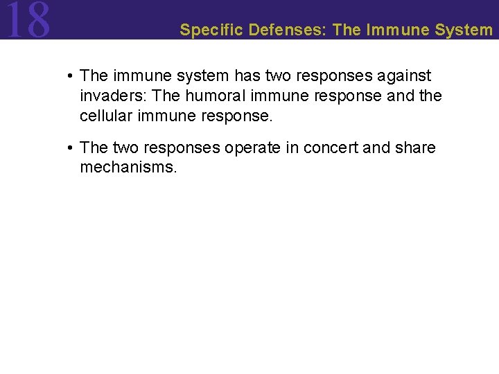 18 Specific Defenses: The Immune System • The immune system has two responses against