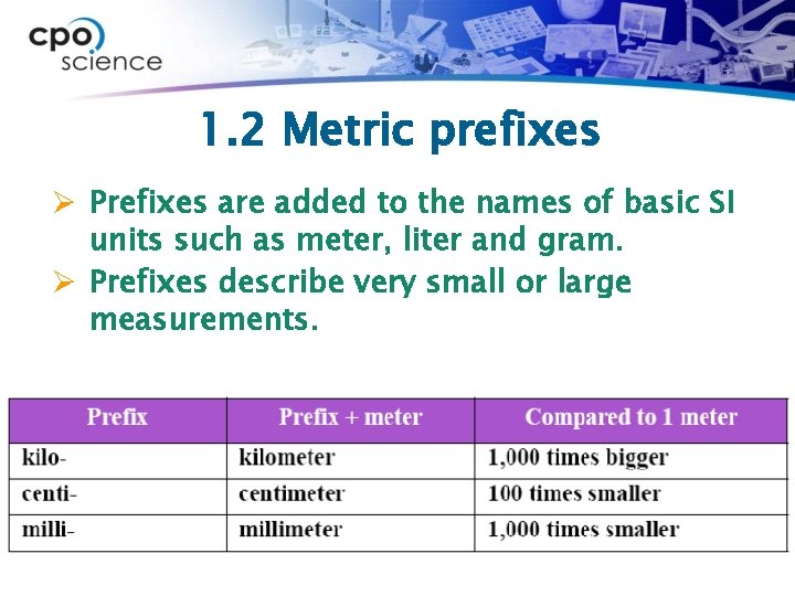 1. 2 Metric prefixes Ø Prefixes are added to the names of basic SI