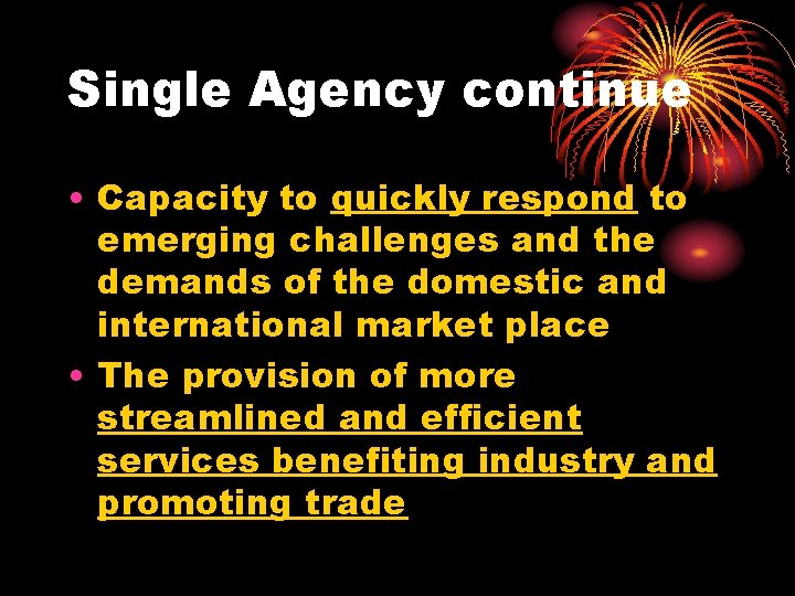 Single Agency continue • Capacity to quickly respond to emerging challenges and the demands