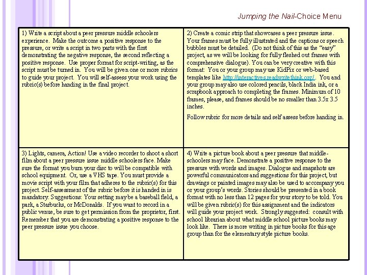 Jumping the Nail-Choice Menu 1) Write a script about a peer pressure middle schoolers