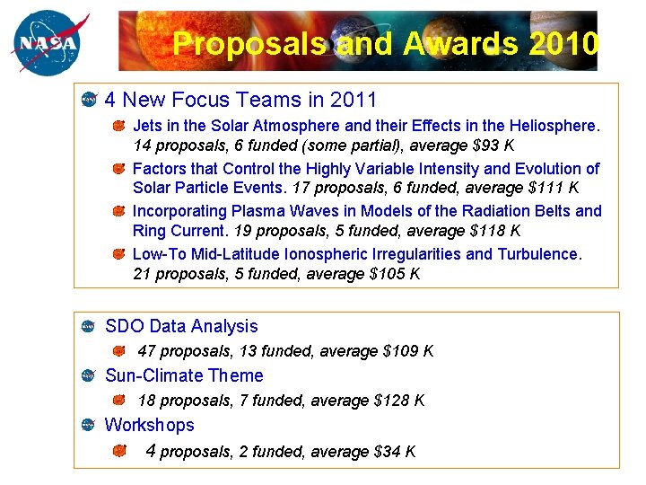 Proposals and Awards 2010 4 New Focus Teams in 2011 Jets in the Solar