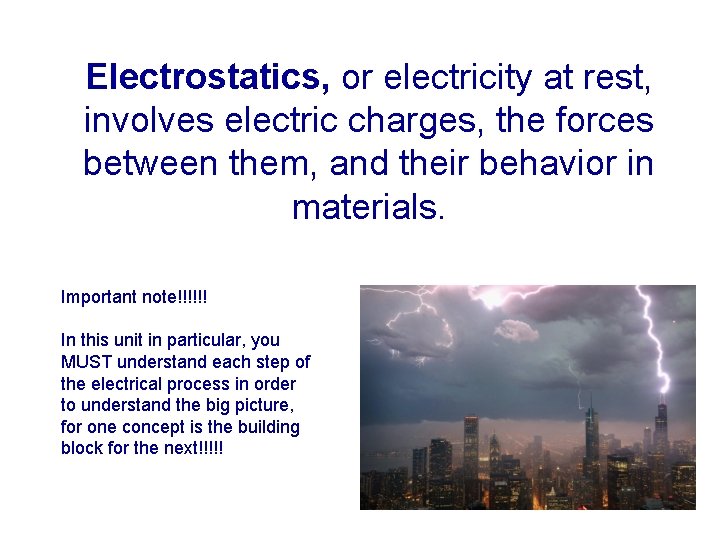 Electrostatics, or electricity at rest, involves electric charges, the forces between them, and their