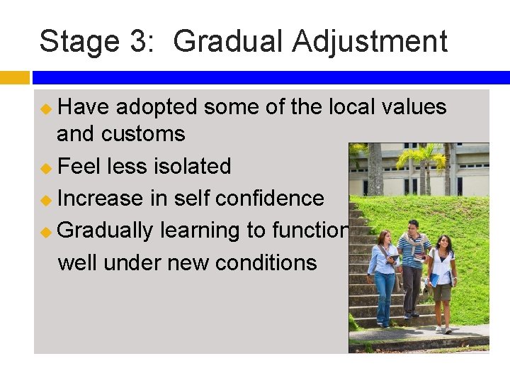 Stage 3: Gradual Adjustment Have adopted some of the local values and customs u