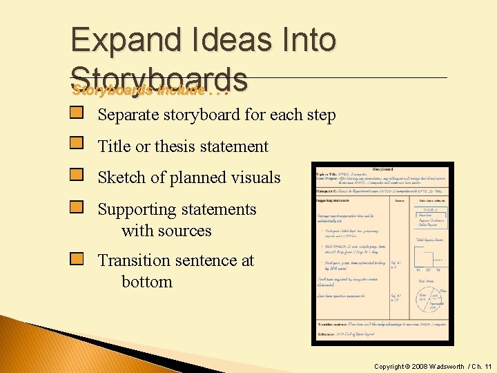 Expand Ideas Into Storyboards include. . . Separate storyboard for each step Title or