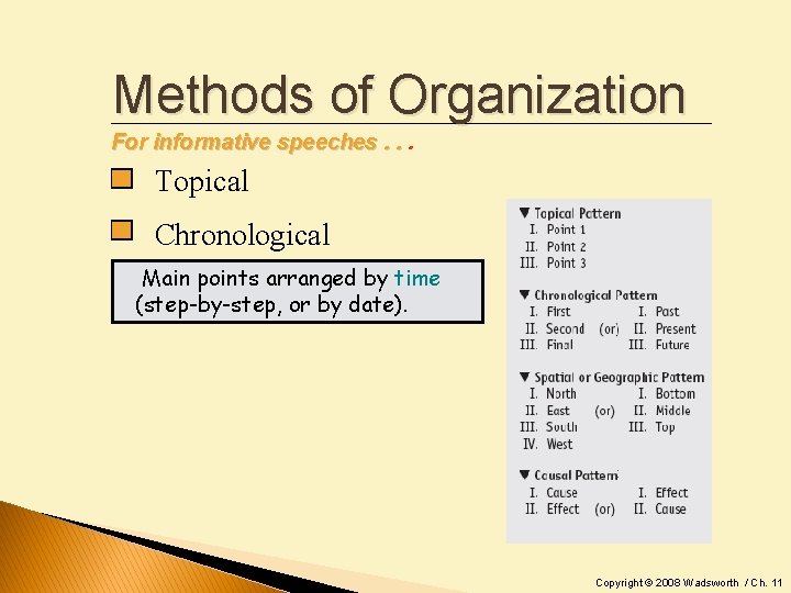 Methods of Organization For informative speeches. . . Topical Chronological Main points arranged by