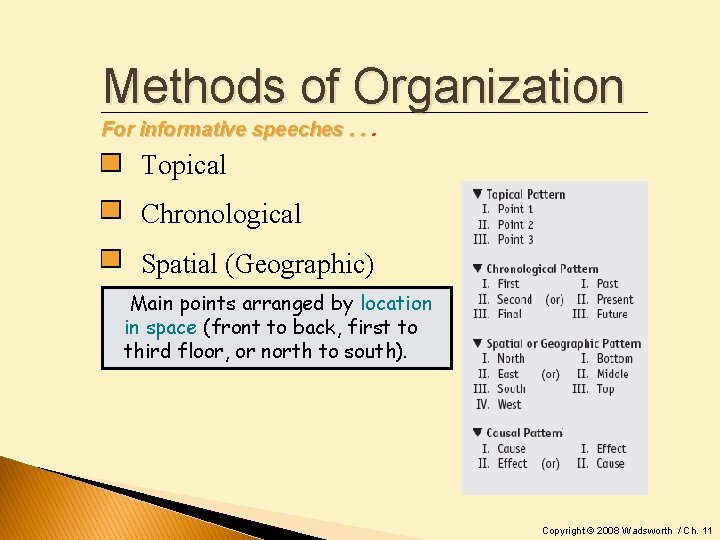 Methods of Organization For informative speeches. . . Topical Chronological Spatial (Geographic) Main points