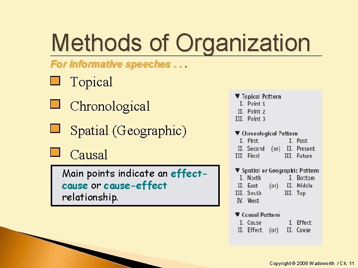 Methods of Organization For informative speeches. . . Topical Chronological Spatial (Geographic) Causal Main