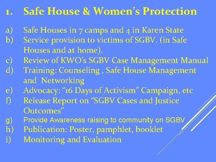 1. Safe House & Women’s Protection a) b) c) d) e) f) g) h)