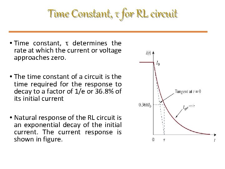 Time Constant, τ for RL circuit • Time constant, τ determines the rate at