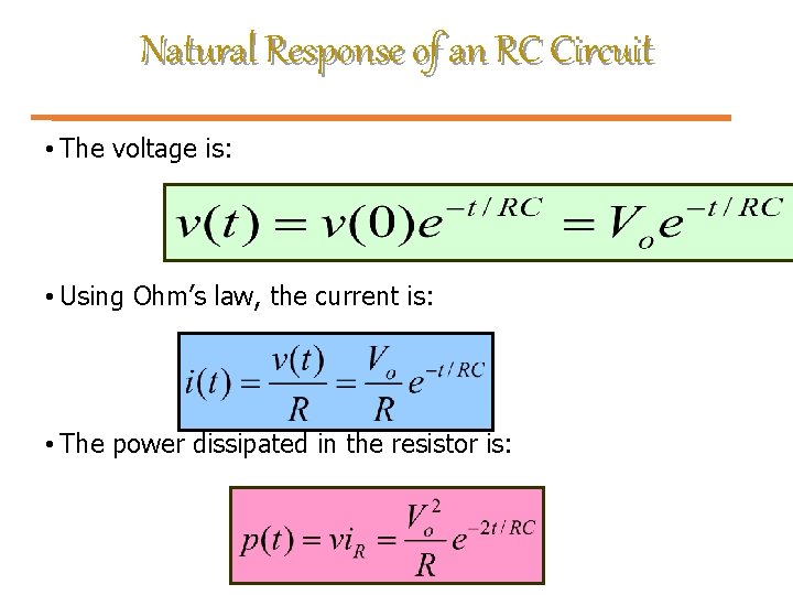 Natural Response of an RC Circuit • The voltage is: • Using Ohm’s law,