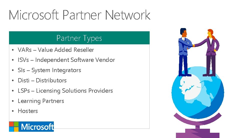 Microsoft Partner Network Partner Types • VARs – Value Added Reseller • ISVs – Microsoft Partner Network Partner Types • VARs – Value Added Reseller • ISVs –