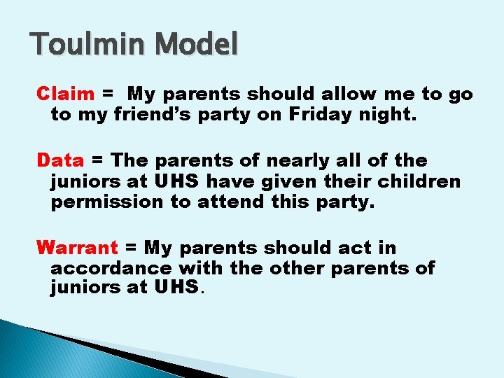 Toulmin Model Claim = My parents should allow me to go to my friend’s