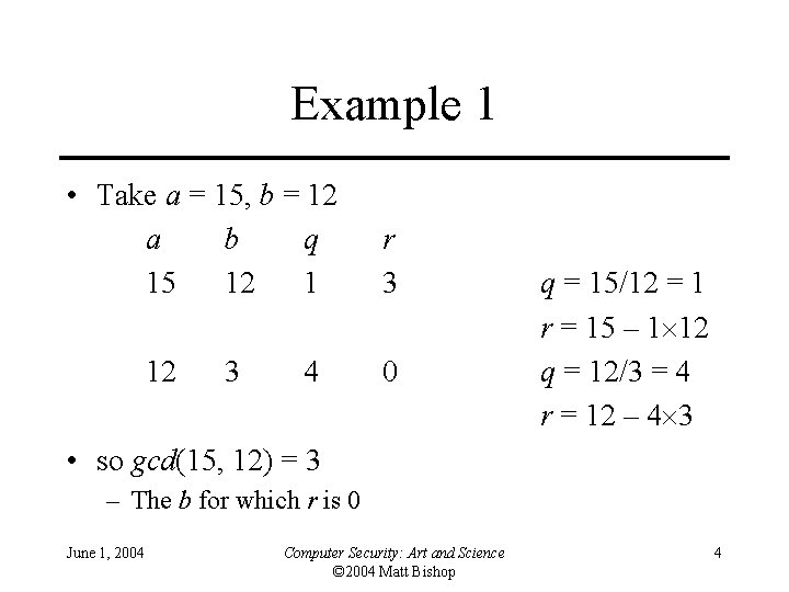 Example 1 • Take a = 15, b = 12 a b q 15