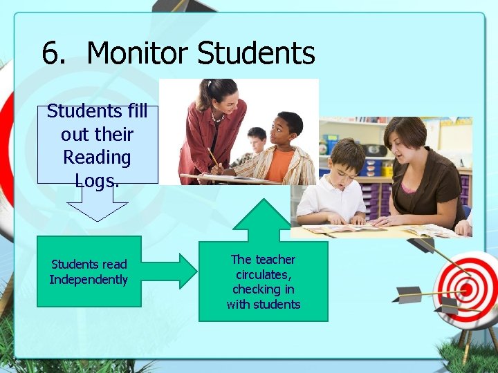 6. Monitor Students fill out their Reading Logs. Students read Independently The teacher circulates,