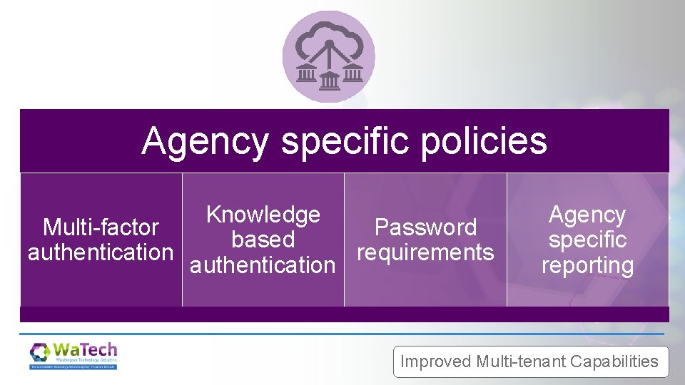 Agency specific policies Knowledge Multi-factor Password based authentication requirements authentication Agency specific reporting Improved