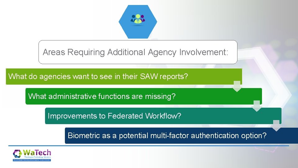 Areas Requiring Additional Agency Involvement: What do agencies want to see in their SAW