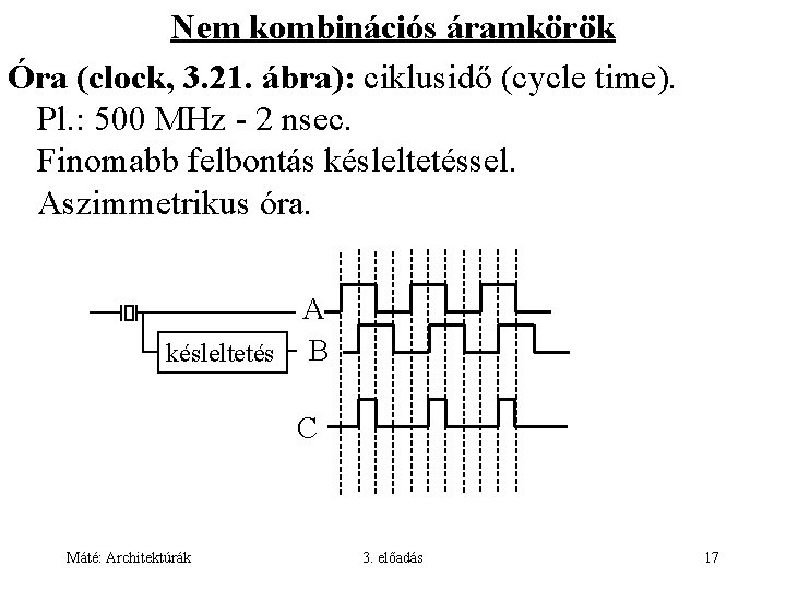 Nem kombinációs áramkörök Óra (clock, 3. 21. ábra): ciklusidő (cycle time). Pl. : 500