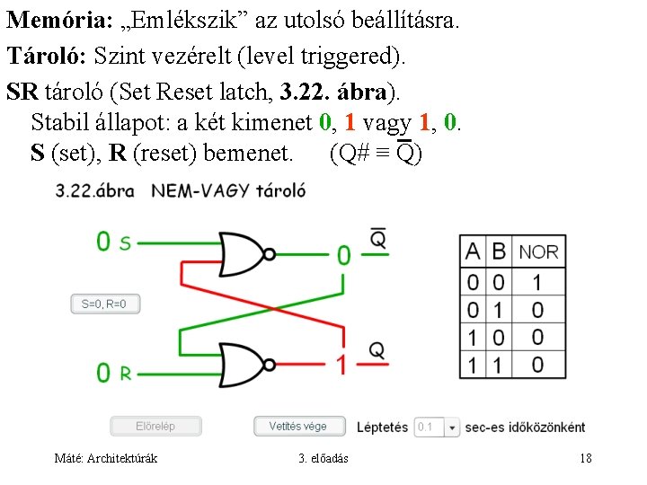 Memória: „Emlékszik” az utolsó beállításra. Tároló: Szint vezérelt (level triggered). SR tároló (Set Reset