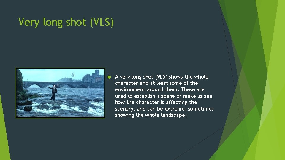 Very long shot (VLS) A very long shot (VLS) shows the whole character and Very long shot (VLS) A very long shot (VLS) shows the whole character and