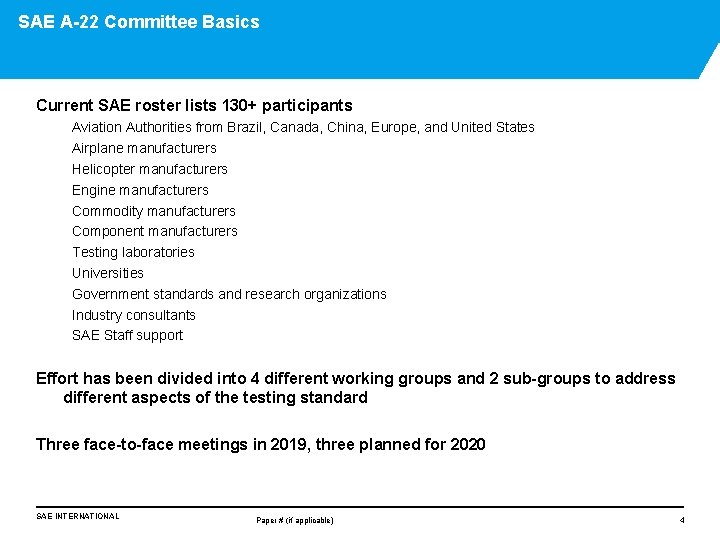 SAE A-22 Committee Basics Current SAE roster lists 130+ participants Aviation Authorities from Brazil,