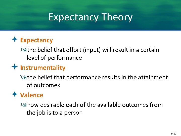 Expectancy Theory ª Expectancy 9 the belief that effort (input) will result in a