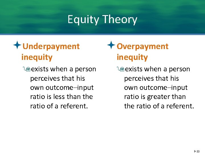 Equity Theory ªUnderpayment inequity 9 exists when a person perceives that his own outcome–input