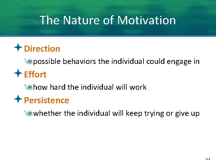 The Nature of Motivation ªDirection 9 possible behaviors the individual could engage in ªEffort