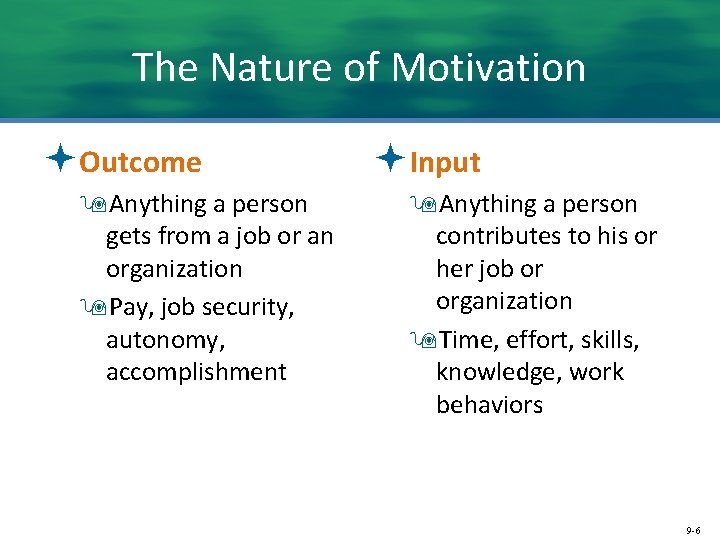 The Nature of Motivation ªOutcome 9 Anything a person gets from a job or