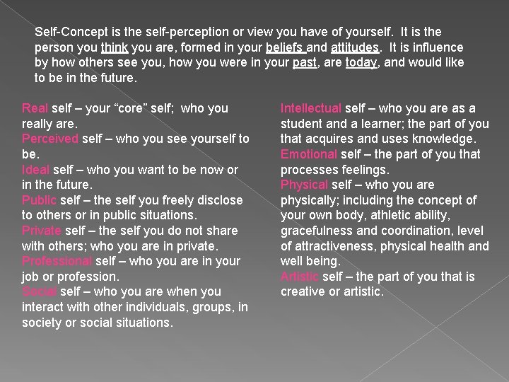 Self-Concept is the self-perception or view you have of yourself. It is the person