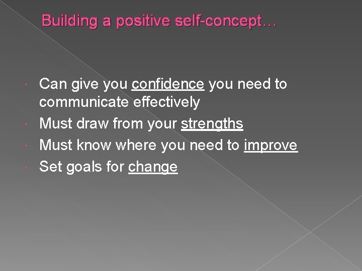 Building a positive self-concept… Can give you confidence you need to communicate effectively Must