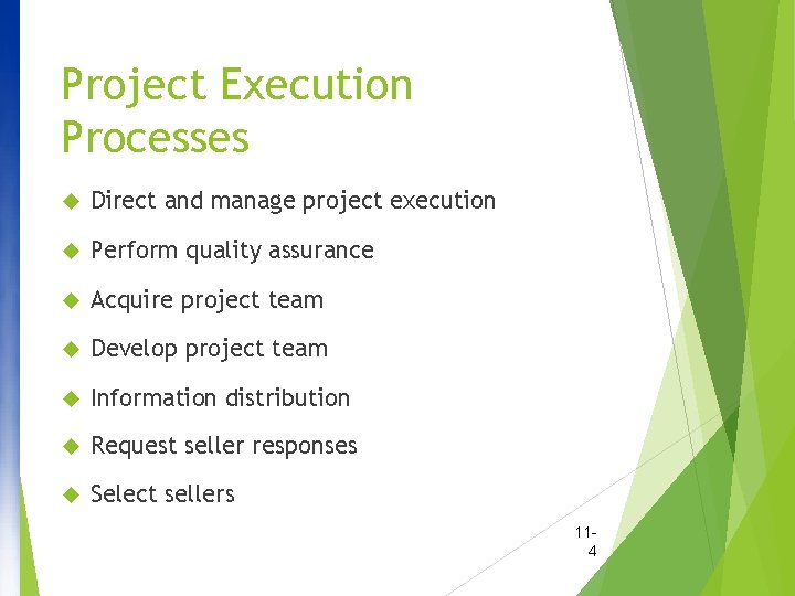 Project Execution Processes Direct and manage project execution Perform quality assurance Acquire project team