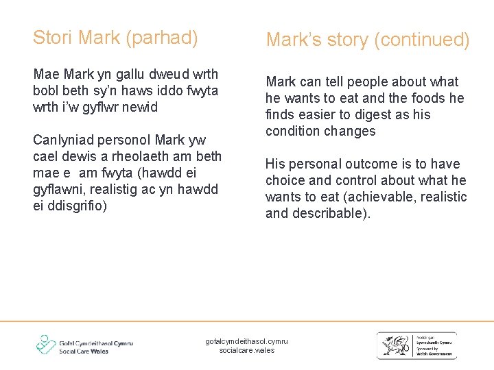 Stori Mark (parhad) Mark’s story (continued) Mae Mark yn gallu dweud wrth bobl beth