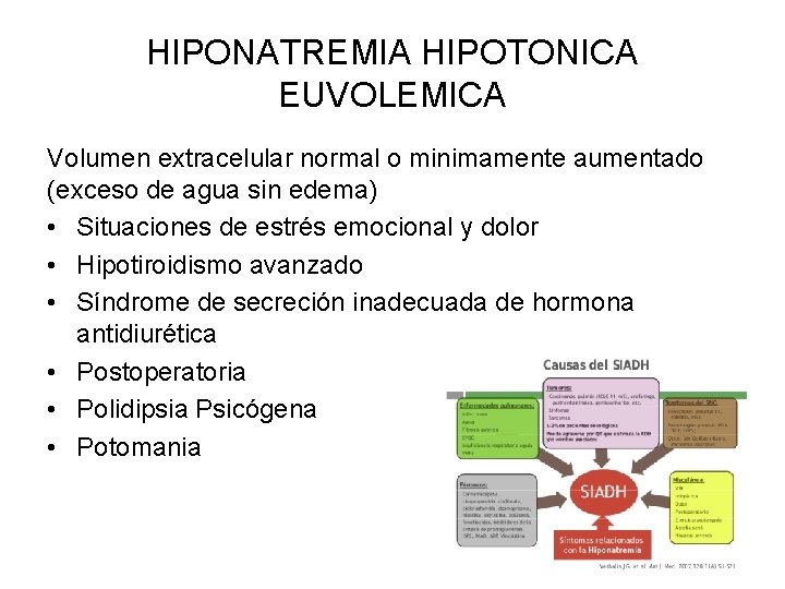 HIPONATREMIA HIPOTONICA EUVOLEMICA Volumen extracelular normal o minimamente aumentado (exceso de agua sin edema)