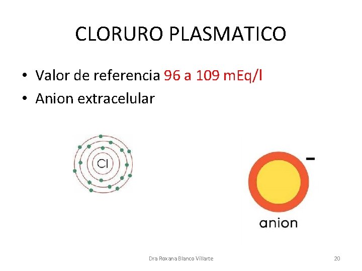 CLORURO PLASMATICO • Valor de referencia 96 a 109 m. Eq/l • Anion extracelular