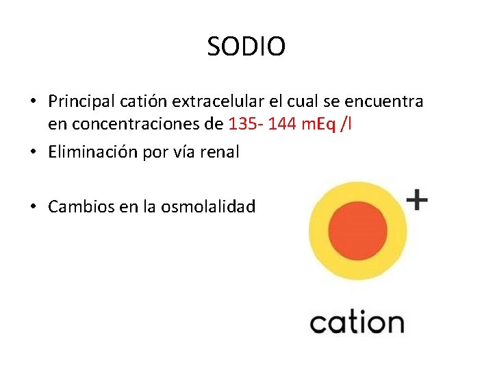 SODIO • Principal catión extracelular el cual se encuentra en concentraciones de 135 -