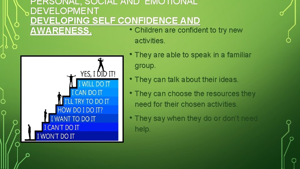 PERSONAL, SOCIAL AND EMOTIONAL DEVELOPMENT DEVELOPING SELF CONFIDENCE AND • Children are confident to