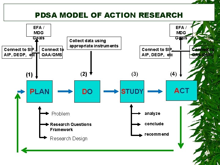 PDSA MODEL OF ACTION RESEARCH EFA / MDG Goals Connect to SIP, AIP, DEDP,