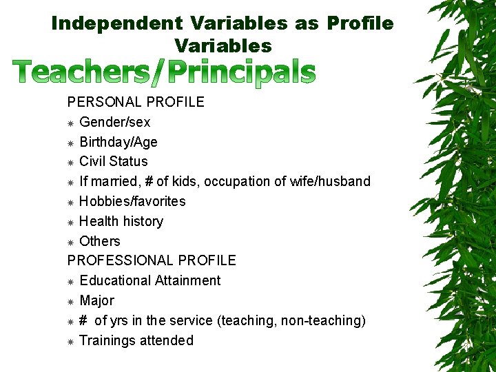 Independent Variables as Profile Variables PERSONAL PROFILE Gender/sex Birthday/Age Civil Status If married, #