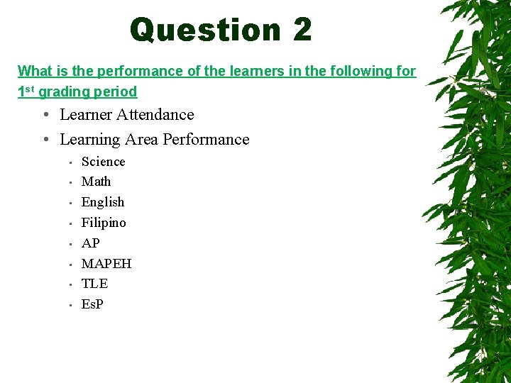 Question 2 What is the performance of the learners in the following for 1